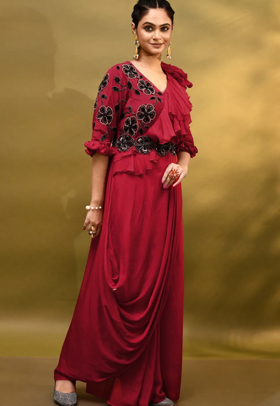 Hand Embroidered Chinon Chiffon Drape Gown in Red