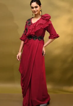 Hand Embroidered Chinon Chiffon Drape Gown in Red