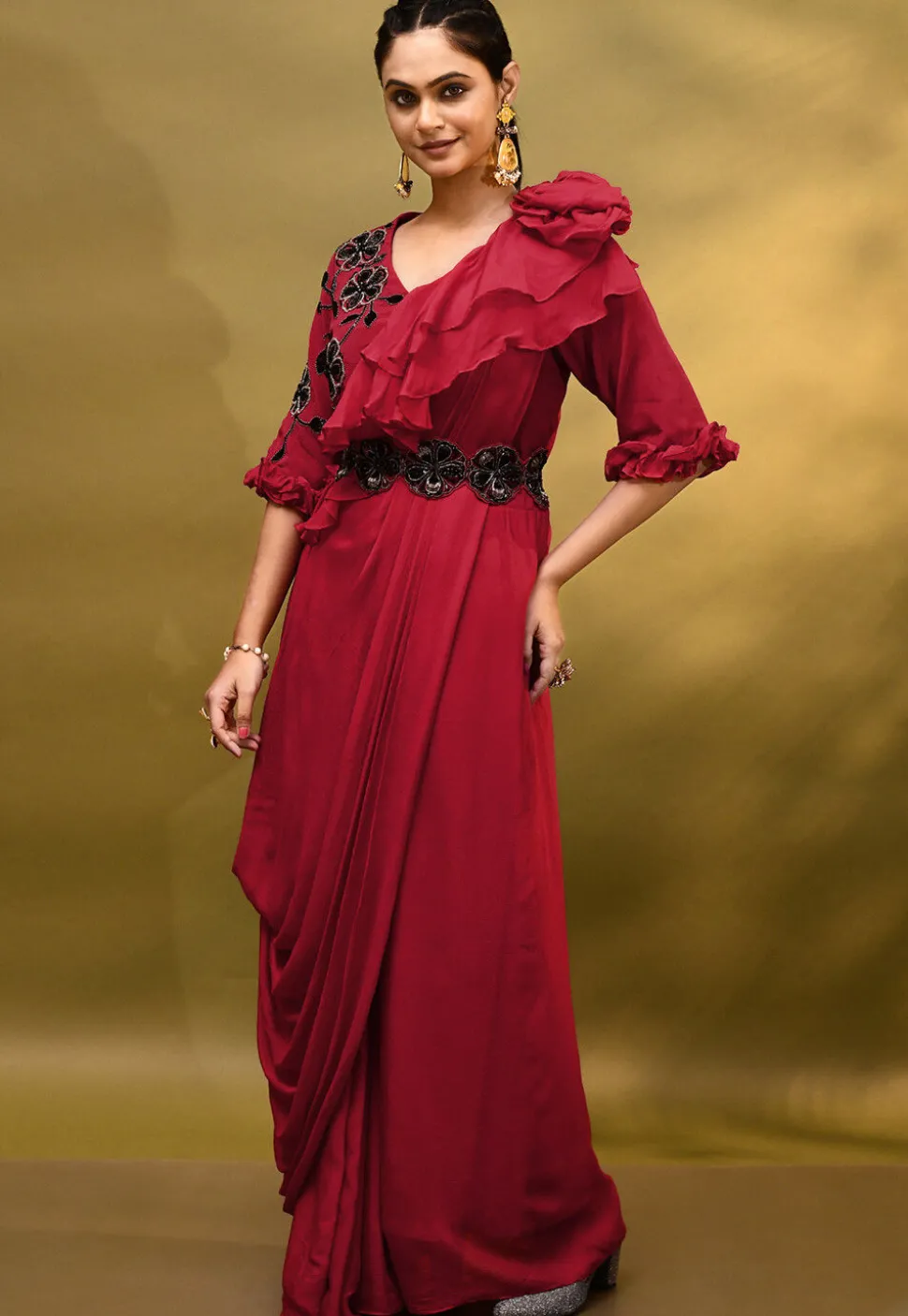 Hand Embroidered Chinon Chiffon Drape Gown in Red
