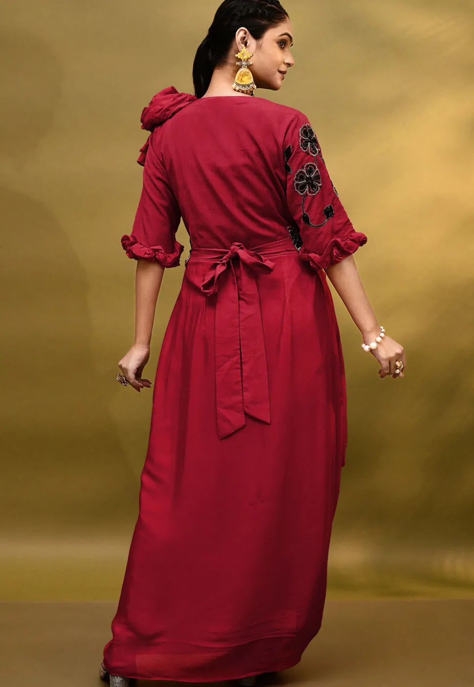 Hand Embroidered Chinon Chiffon Drape Gown in Red