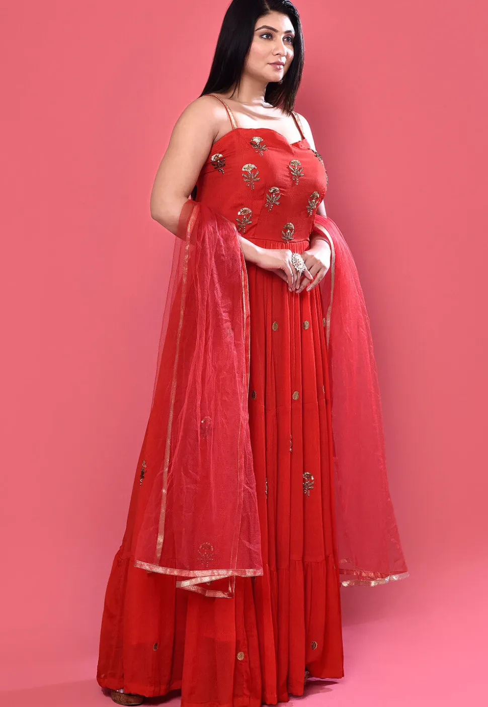 Hand Embroidered Chinon Silk Abaya Style Suit in Red