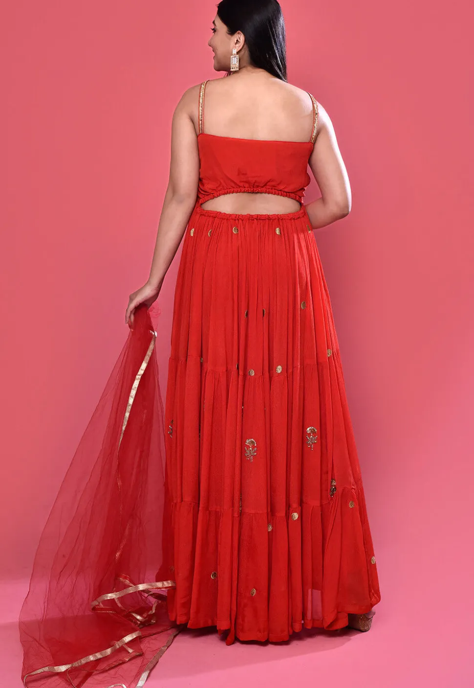 Hand Embroidered Chinon Silk Abaya Style Suit in Red