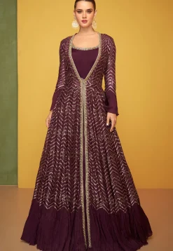 Hand Embroidered Chinon Silk Abaya Style Suit in Wine