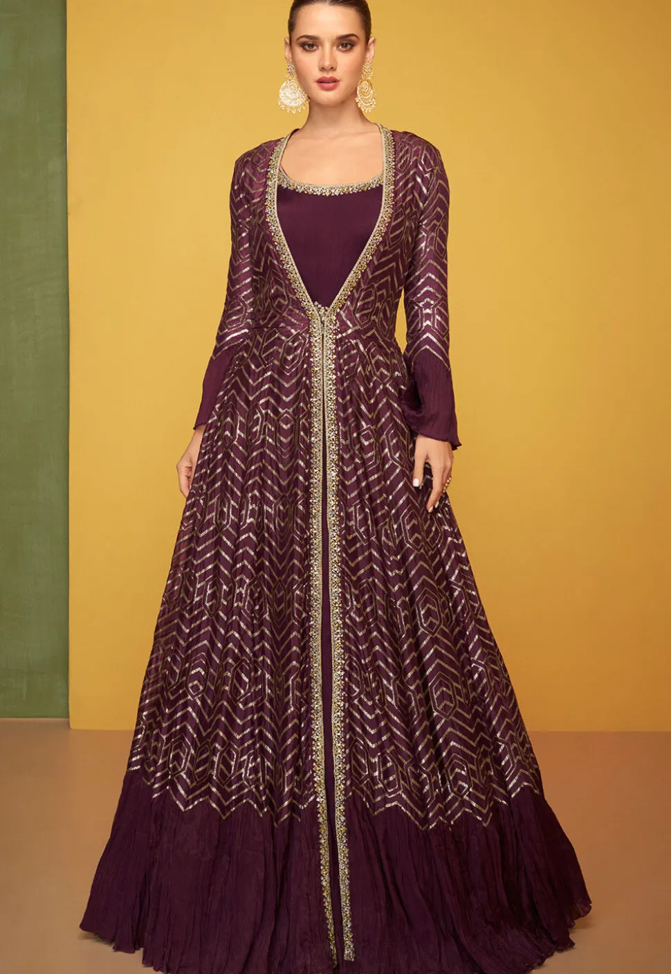 Hand Embroidered Chinon Silk Abaya Style Suit in Wine
