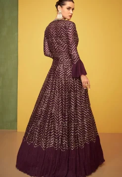 Hand Embroidered Chinon Silk Abaya Style Suit in Wine