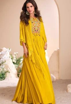 Hand Embroidered Chinon Silk Kaftan Gown in Mustard