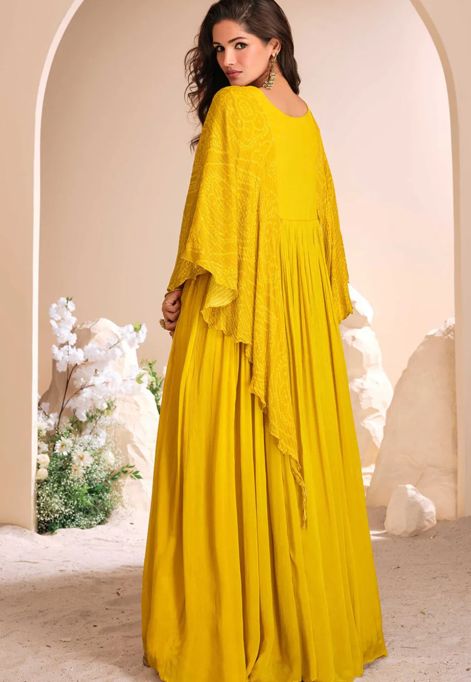 Hand Embroidered Chinon Silk Kaftan Gown in Mustard