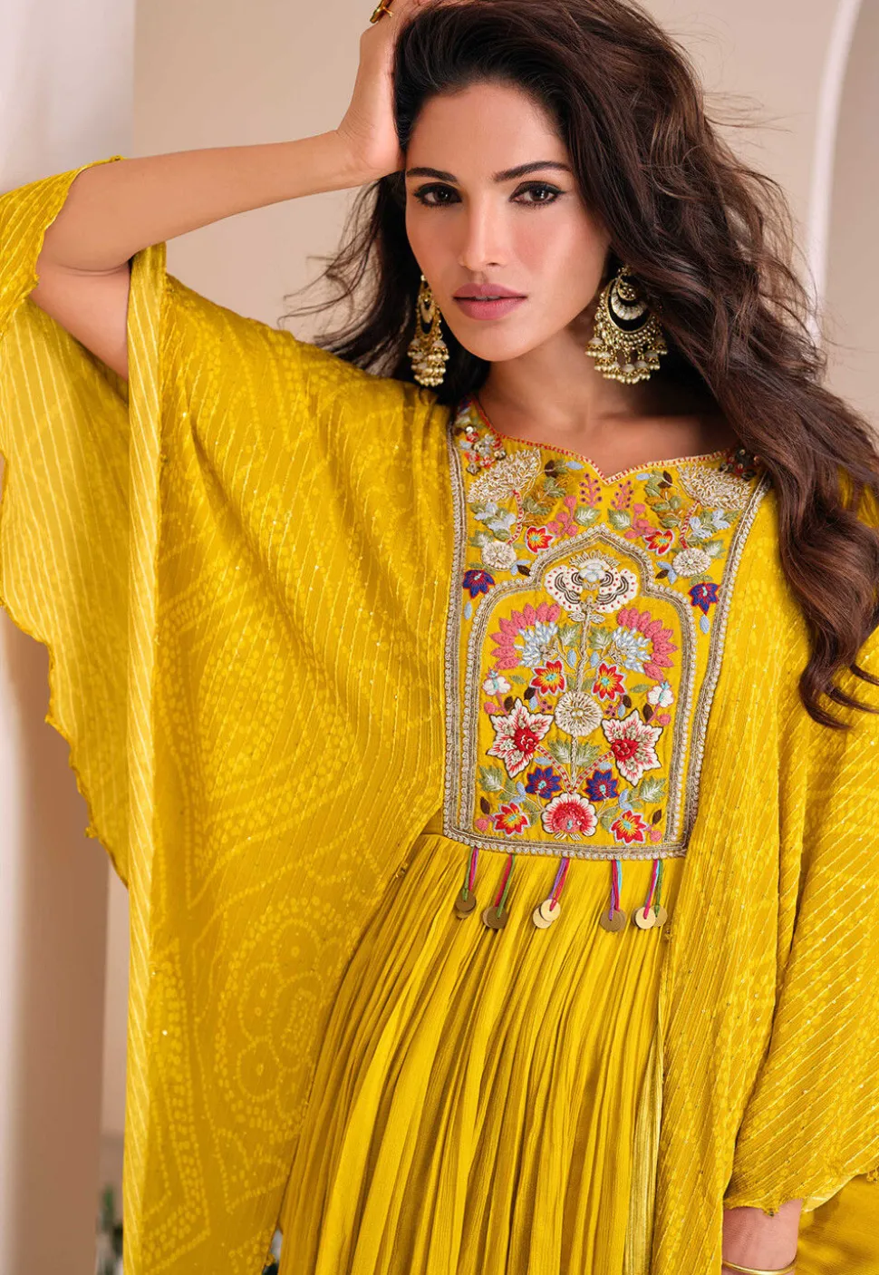 Hand Embroidered Chinon Silk Kaftan Gown in Mustard