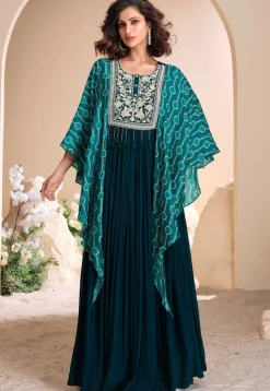 Hand Embroidered Chinon Silk Kaftan Gown in Teal Blue