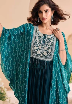 Hand Embroidered Chinon Silk Kaftan Gown in Teal Blue