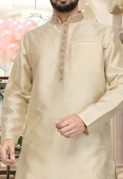 Hand Embroidered Collar Art Silk Dhoti Kurta in Beige