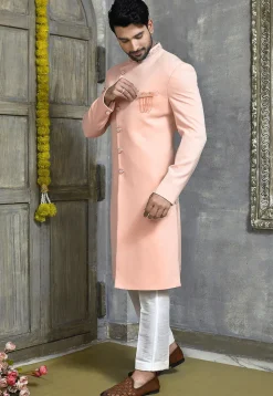 Hand Embroidered Collar Suede Sherwani in Peach