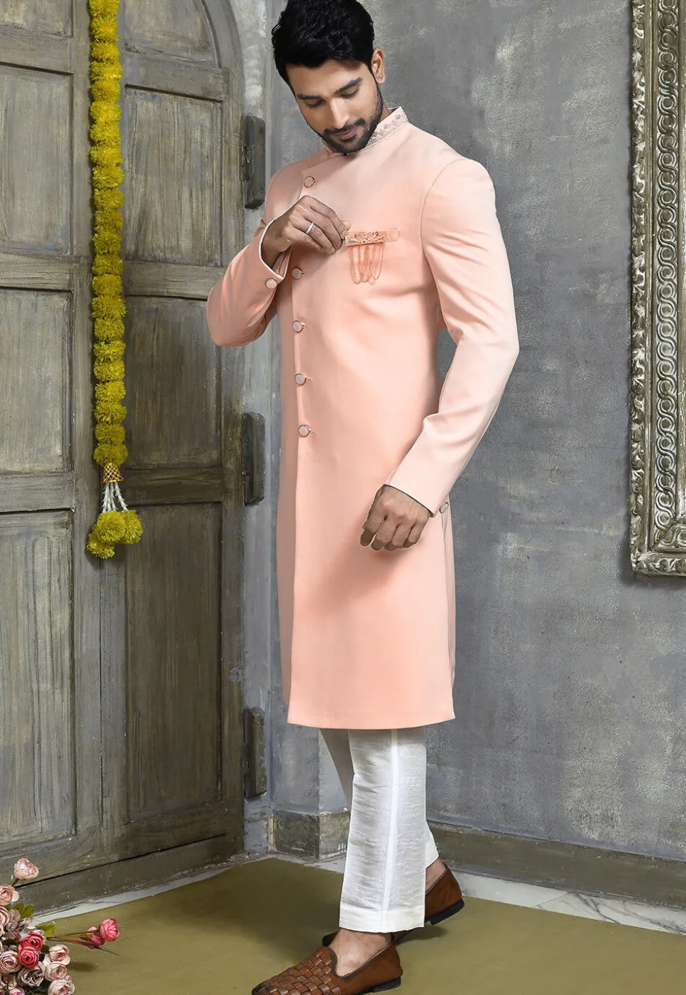 Hand Embroidered Collar Suede Sherwani in Peach