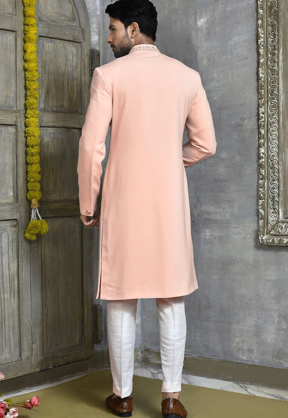 Hand Embroidered Collar Suede Sherwani in Peach