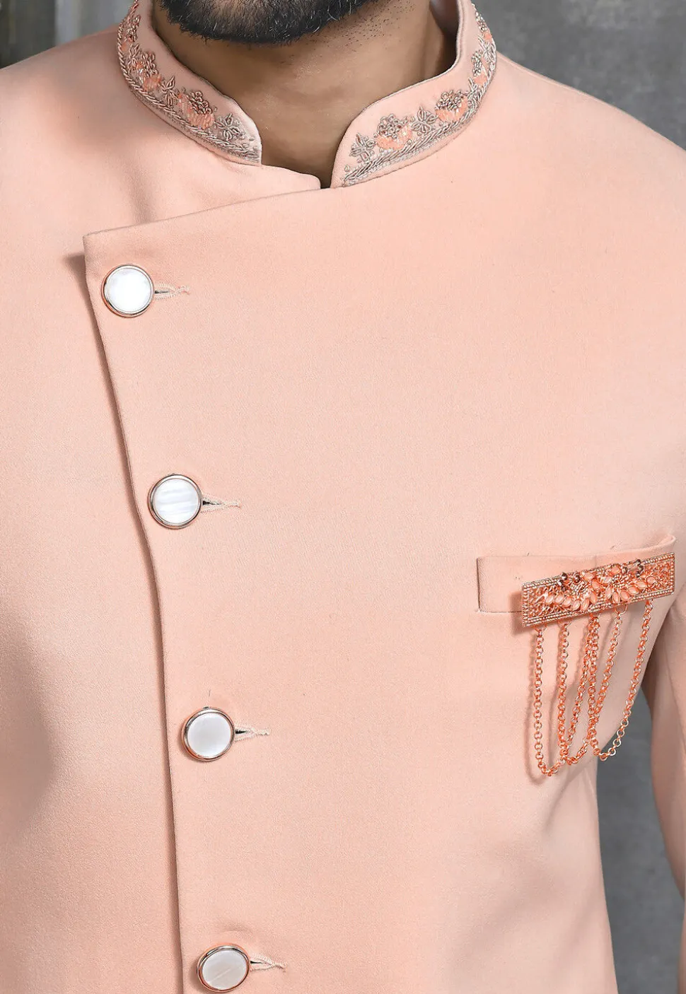 Hand Embroidered Collar Suede Sherwani in Peach