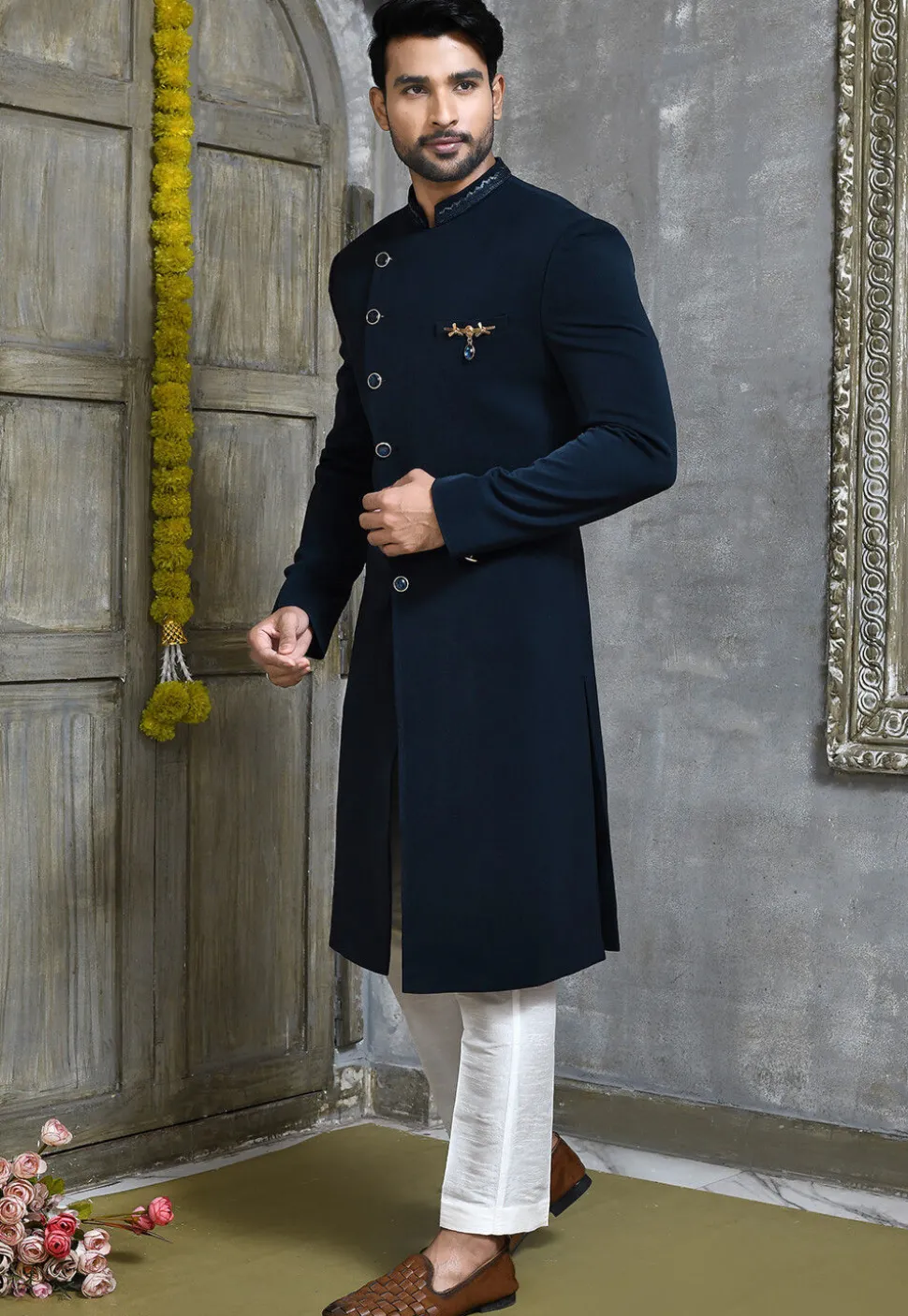 Hand Embroidered Collar Suede Sherwani in Navy Blue