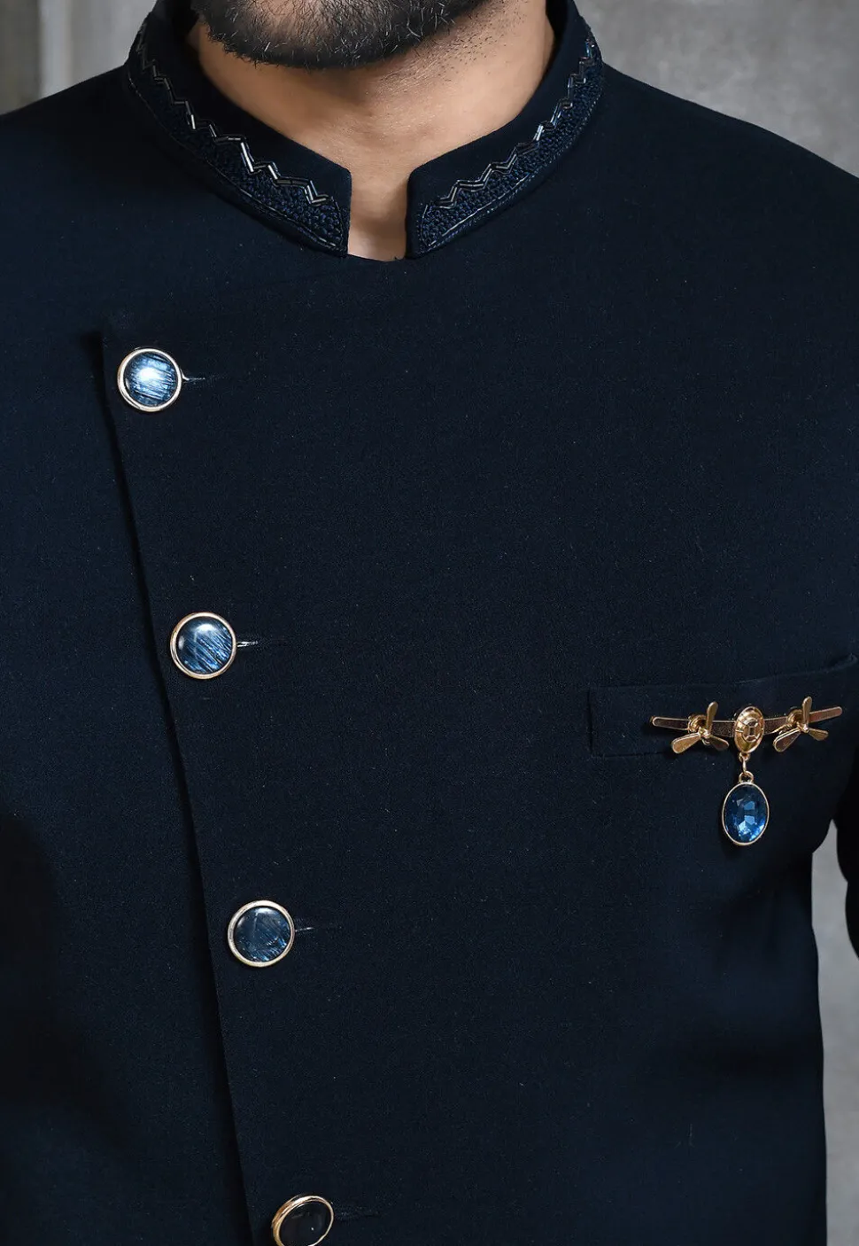 Hand Embroidered Collar Suede Sherwani in Navy Blue