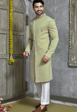 Hand Embroidered Collar Suede Sherwani in Dusty Green