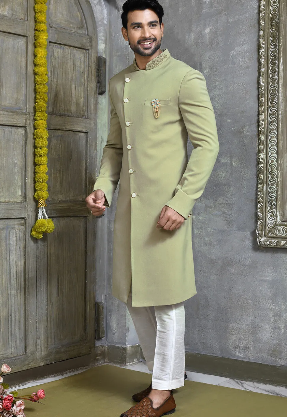 Hand Embroidered Collar Suede Sherwani in Dusty Green