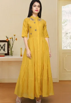 Hand Embroidered Cotton Flared Kurta in Mustard