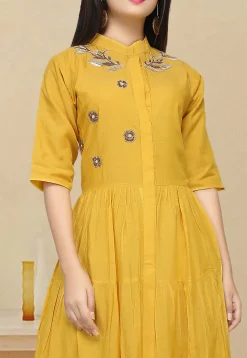 Hand Embroidered Cotton Flared Kurta in Mustard