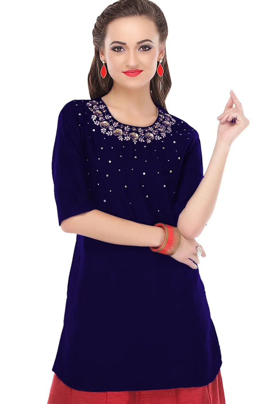 Hand Embroidered Cotton Silk Kurti in Dark Blue