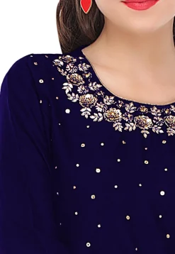 Hand Embroidered Cotton Silk Kurti in Dark Blue