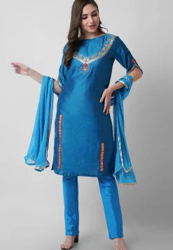 Hand Embroidered Cotton Silk Straight Suit in Teal Blue