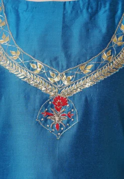 Hand Embroidered Cotton Silk Straight Suit in Teal Blue