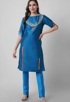 Hand Embroidered Cotton Silk Straight Suit in Teal Blue