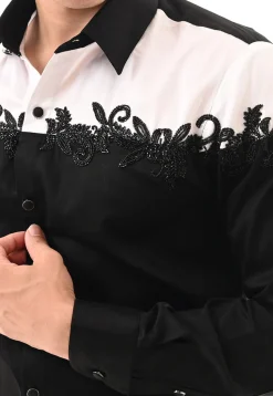 Hand Embroidered Cotton Silk Shirt in Black and White