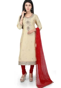 Hand Embroidered Cotton Silk Straight Suit in Light Beige