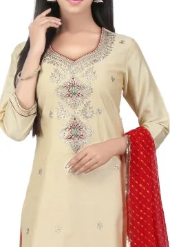 Hand Embroidered Cotton Silk Straight Suit in Light Beige