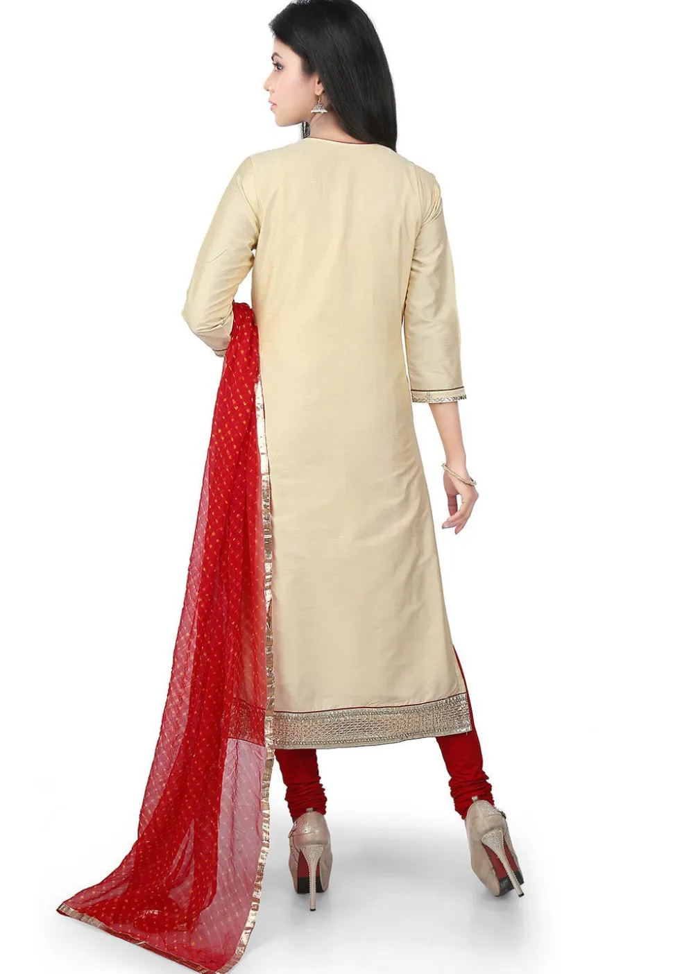 Hand Embroidered Cotton Silk Straight Suit in Light Beige