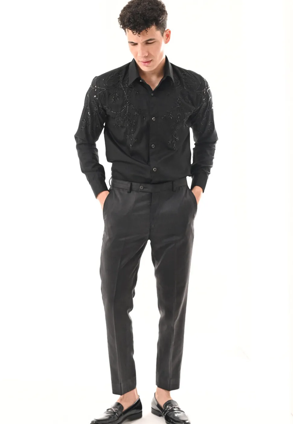 Hand Embroidered Cotton Silk Shirt in Black