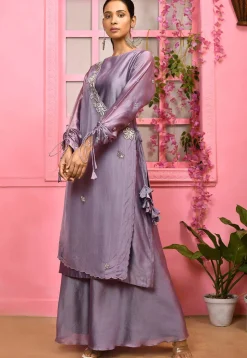 Hand Embroidered Cotton Silk Pakistani Suit in Light Purple