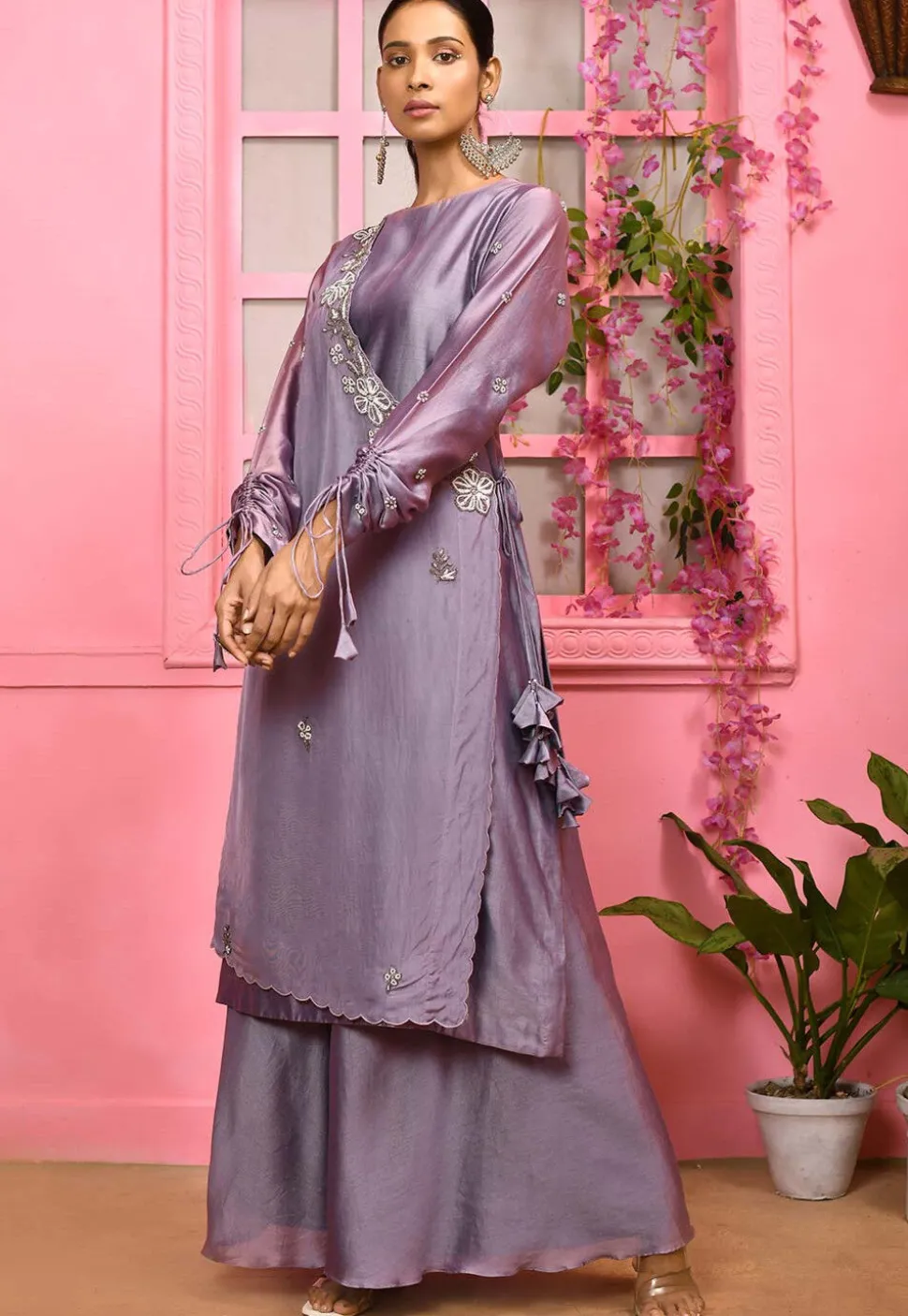 Hand Embroidered Cotton Silk Pakistani Suit in Light Purple