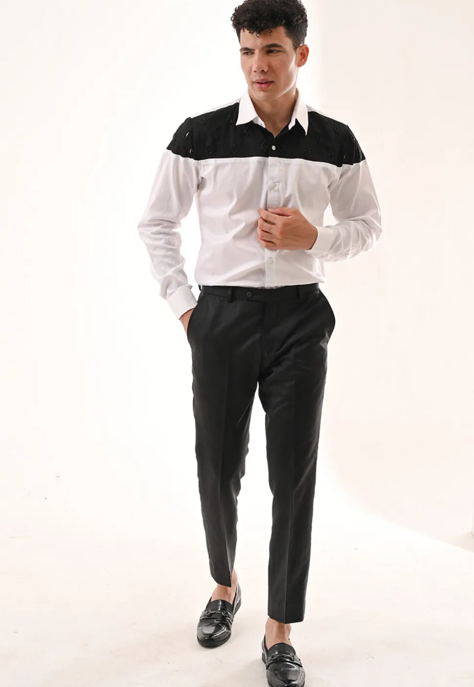 Hand Embroidered Cotton Silk Shirt in White and Black