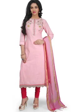 Hand Embroidered Cotton Silk Straight Suit in Light Pink