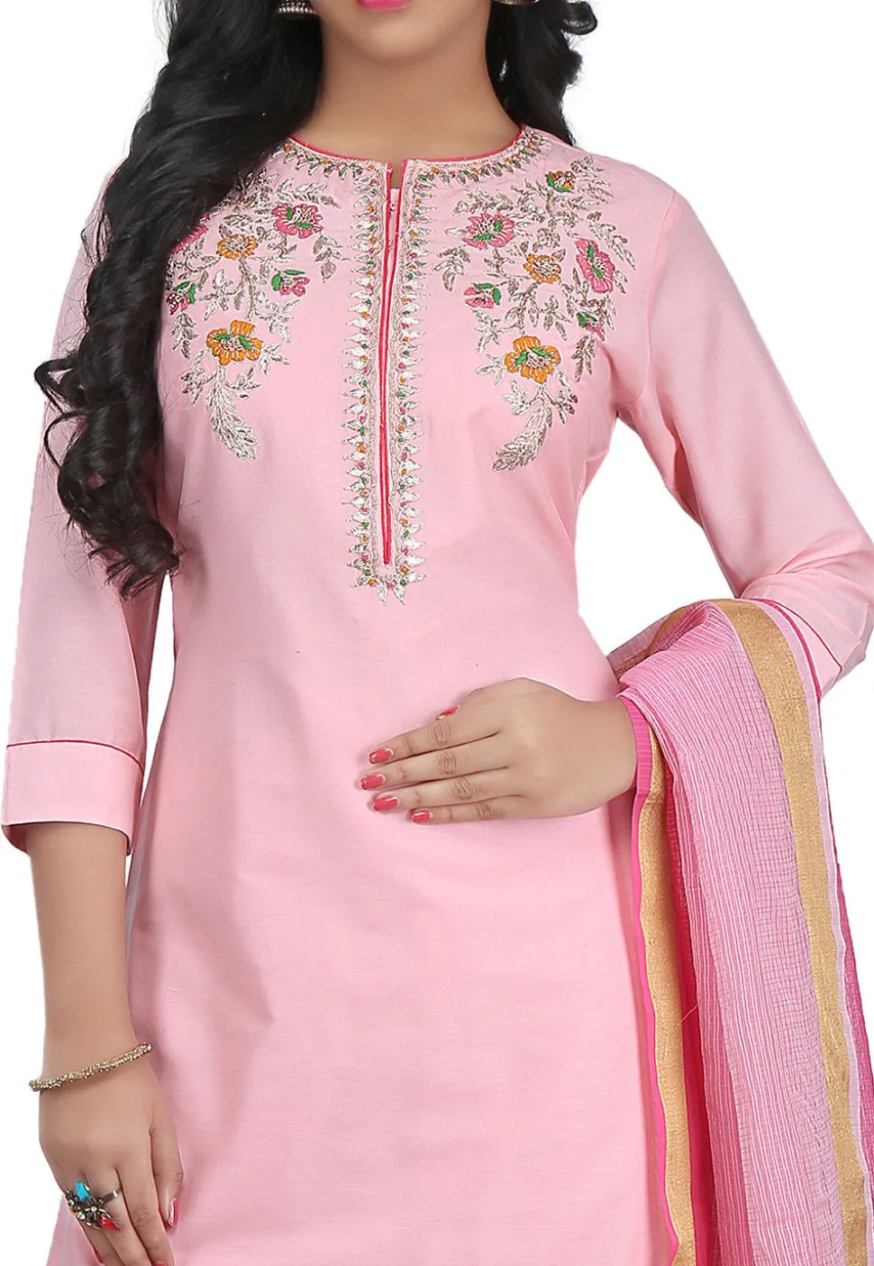 Hand Embroidered Cotton Silk Straight Suit in Light Pink