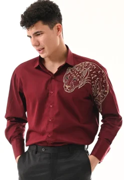 Hand Embroidered Cotton Silk Shirt in Maroon