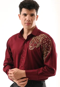 Hand Embroidered Cotton Silk Shirt in Maroon