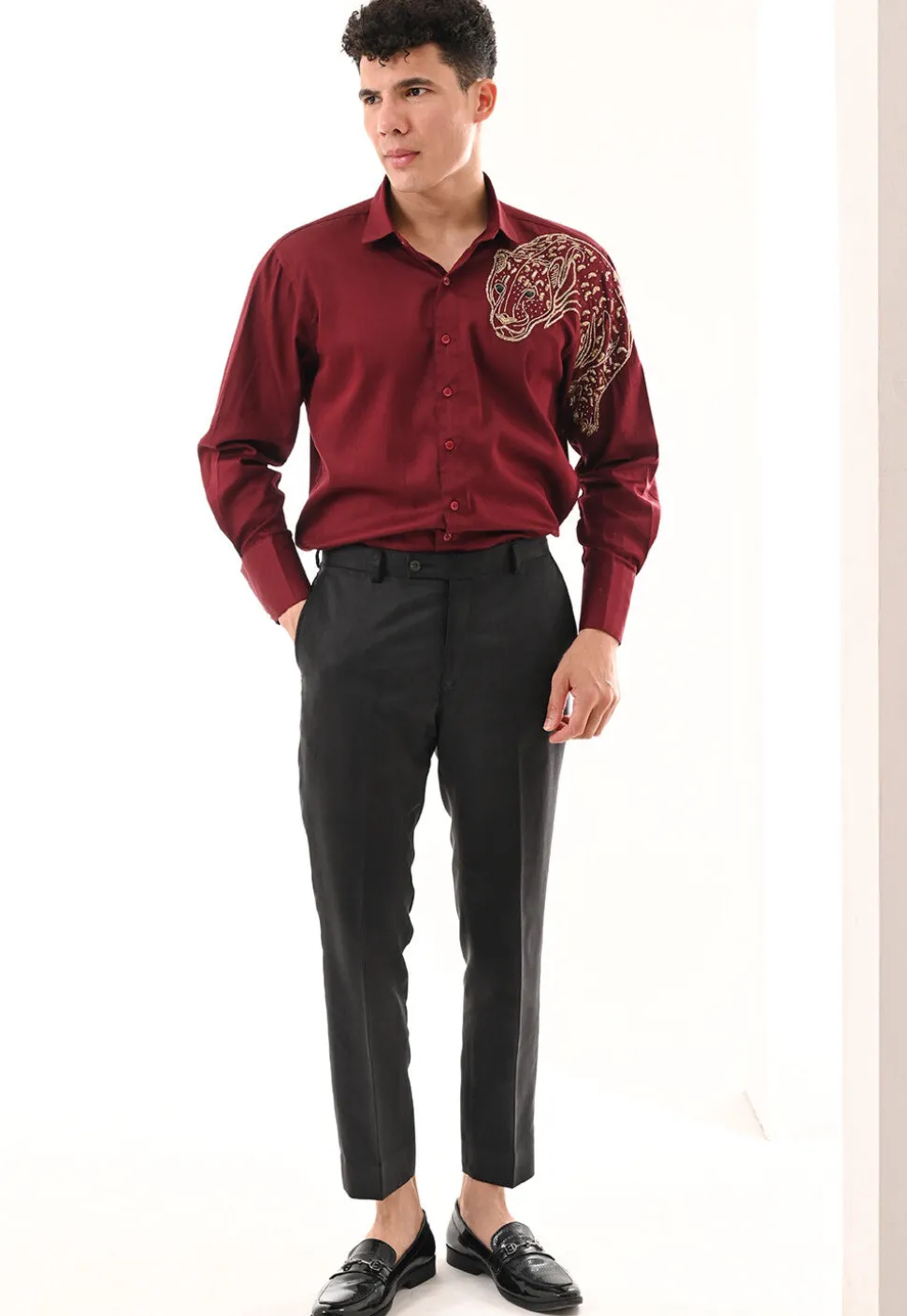 Hand Embroidered Cotton Silk Shirt in Maroon