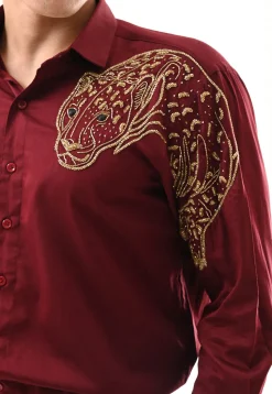Hand Embroidered Cotton Silk Shirt in Maroon