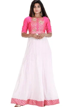 Hand Embroidered Cotton Silk Anarkali Kurta in White and Pink