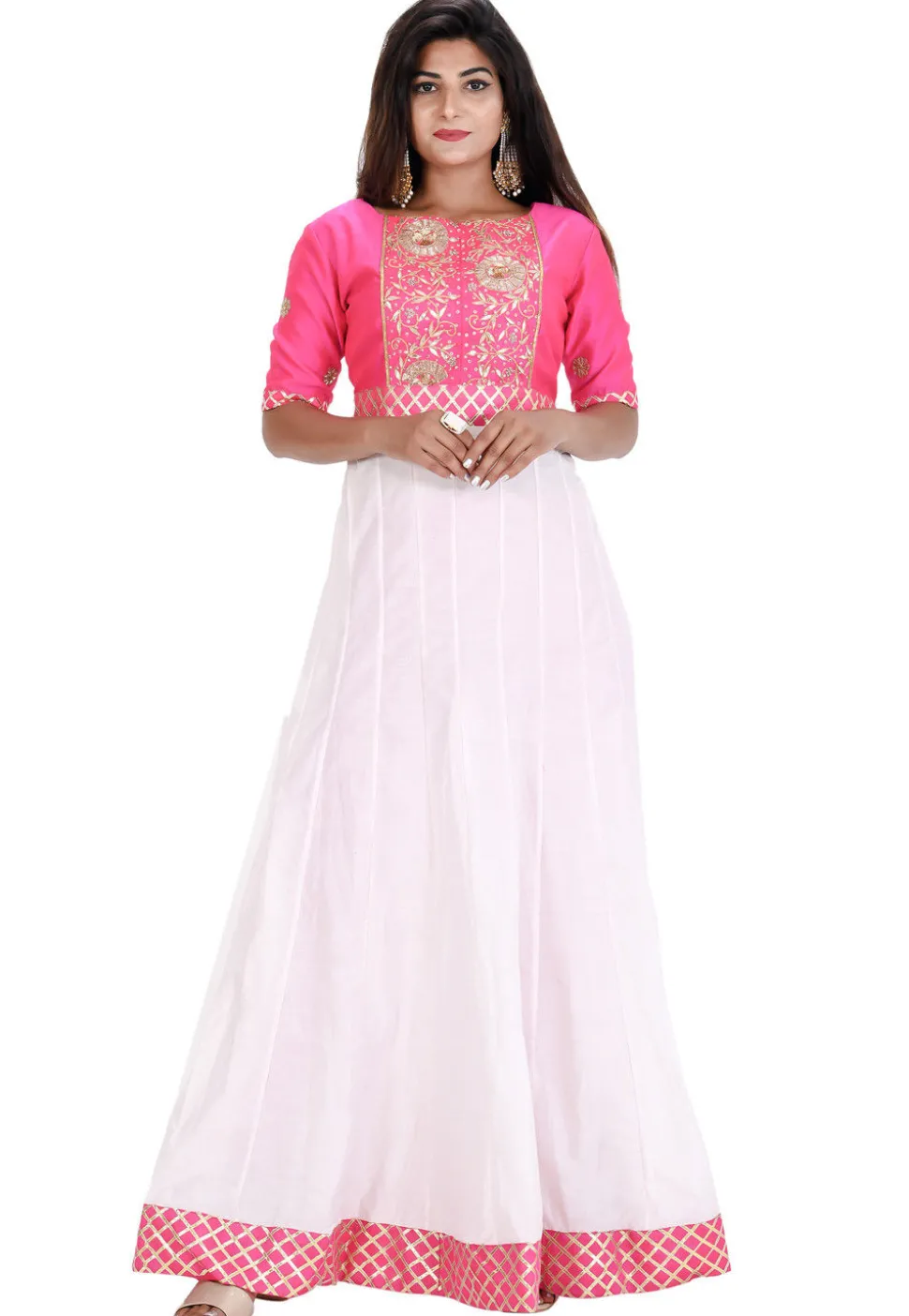 Hand Embroidered Cotton Silk Anarkali Kurta in White and Pink