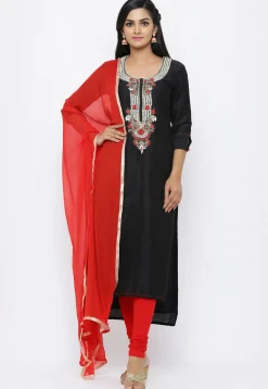 Hand Embroidered Cotton Silk Straight Suit in Black