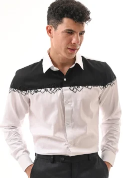 Hand Embroidered Cotton Silk Shirt in White and Black