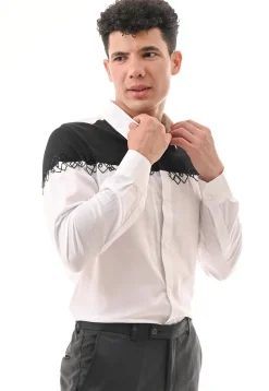 Hand Embroidered Cotton Silk Shirt in White and Black