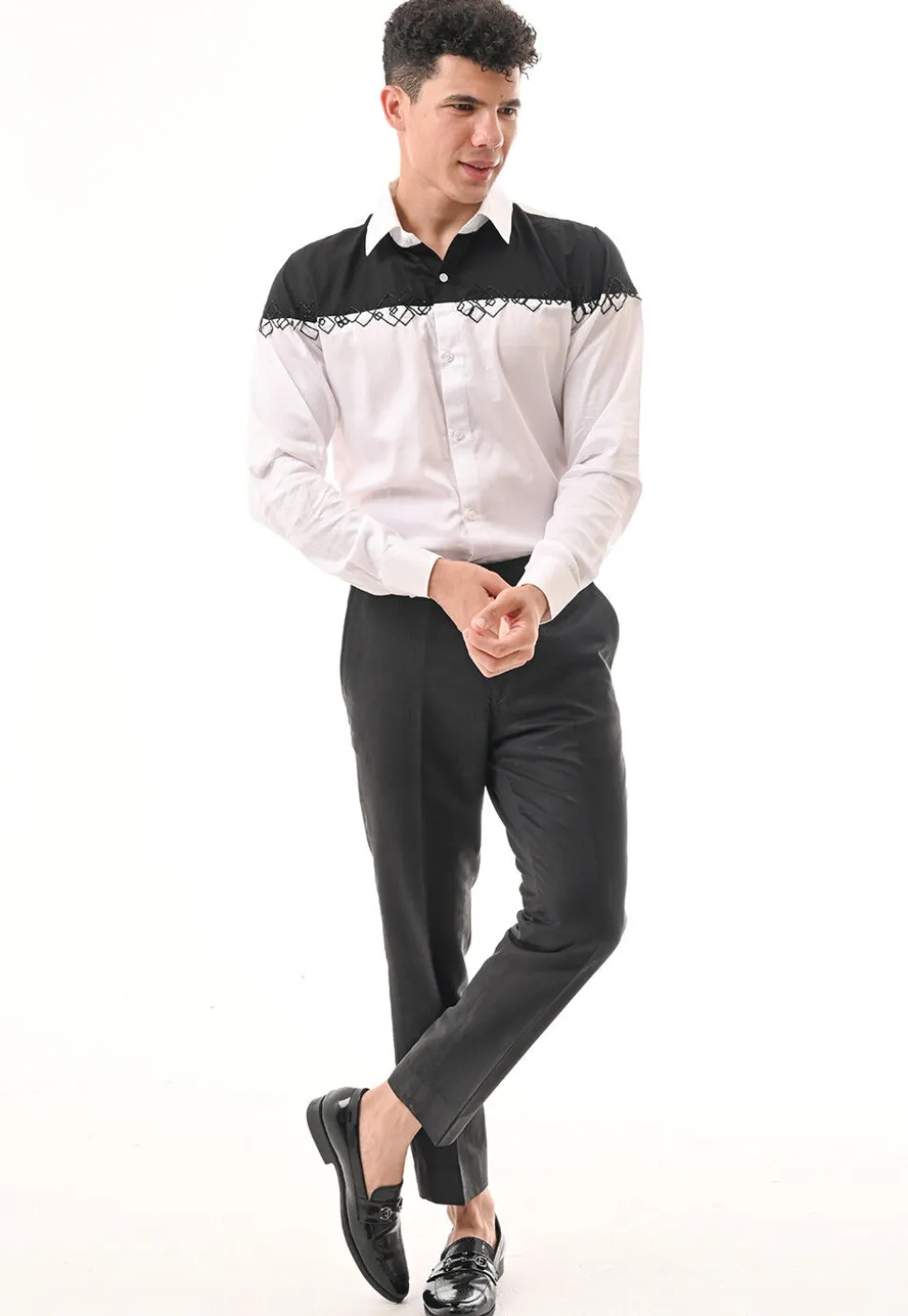 Hand Embroidered Cotton Silk Shirt in White and Black